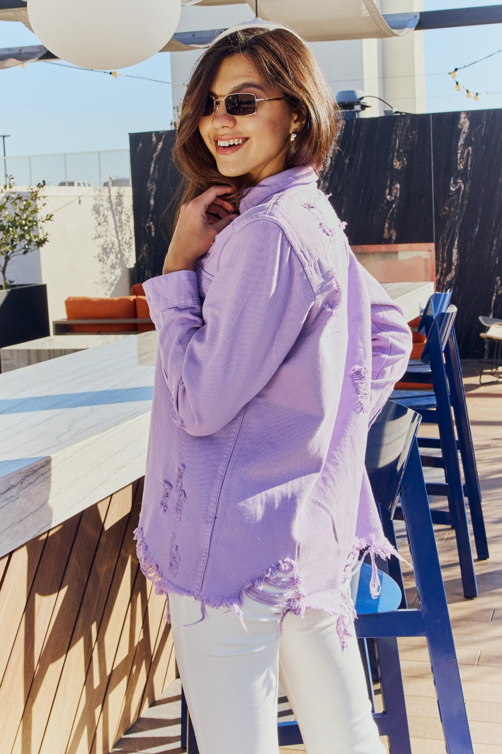 American Bazi Distressed Button Down Denim Jacket in Lavender