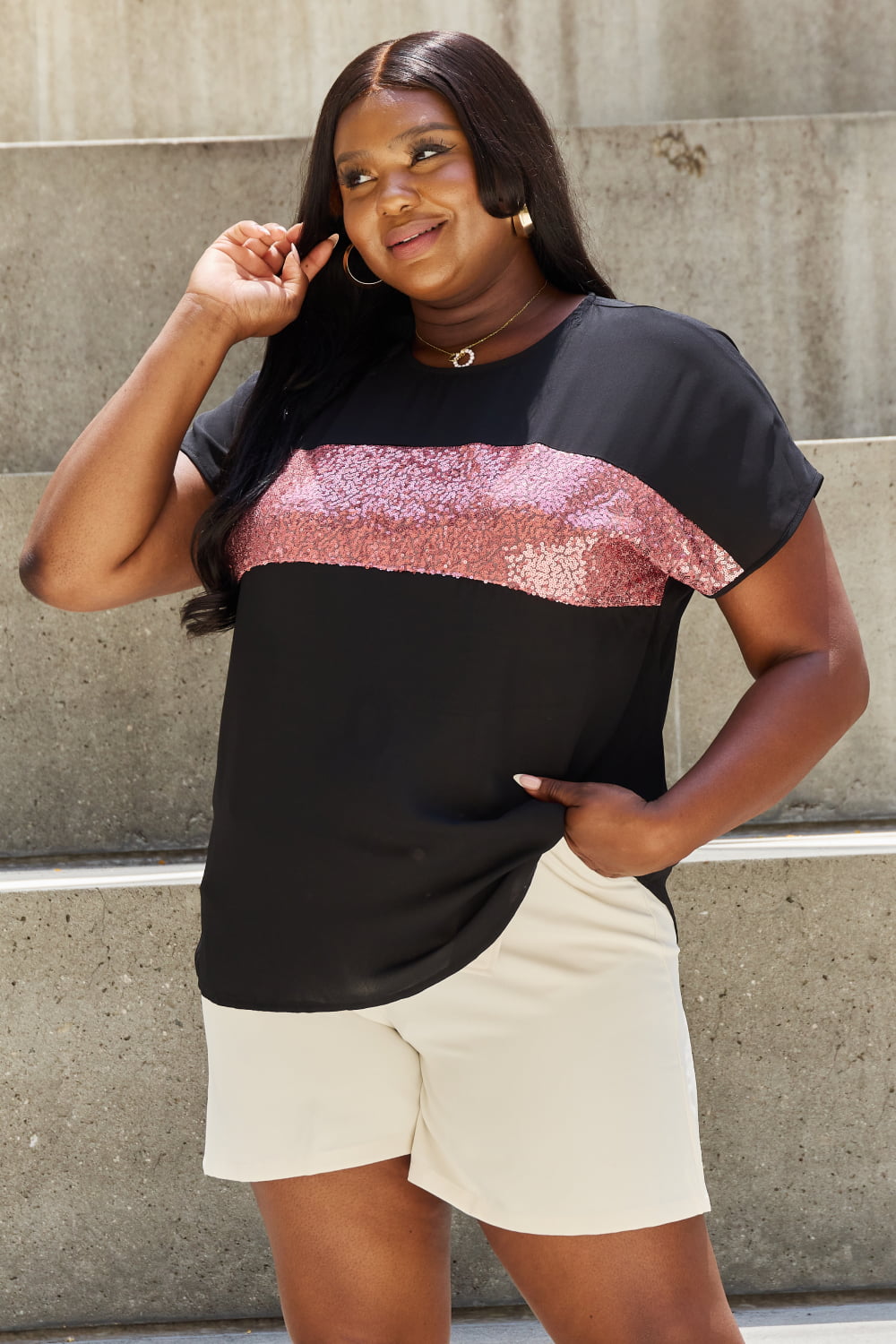 Shine Bright Center Mesh Sequin Top in Black/Mauve