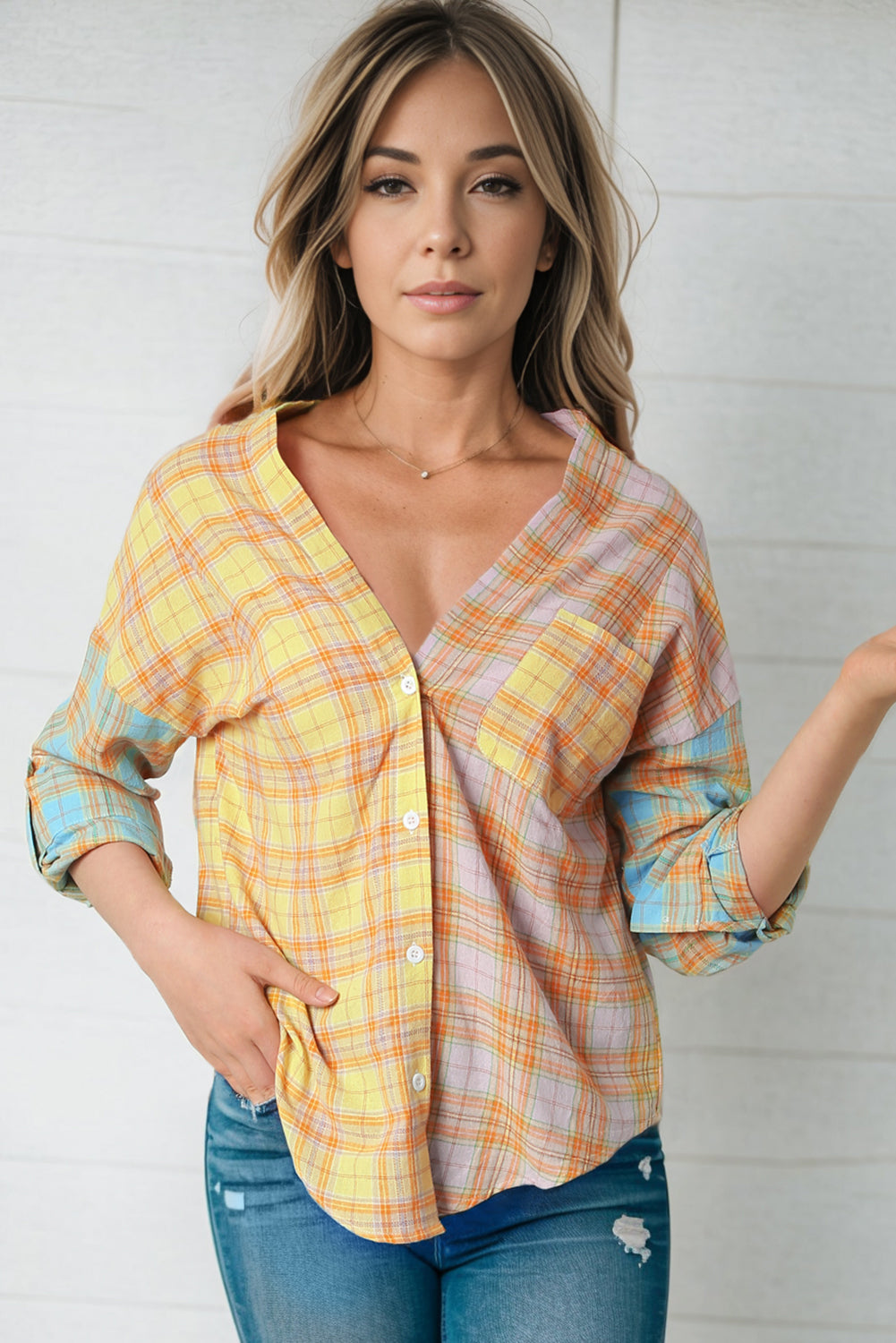 Color Block Open Front Buttoned Shirt with Pocket