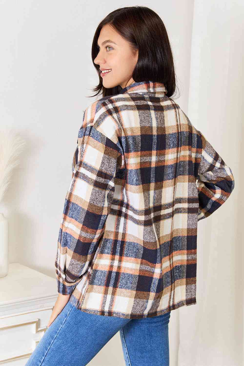 Double Take Plaid Button Front Shirt Jacket