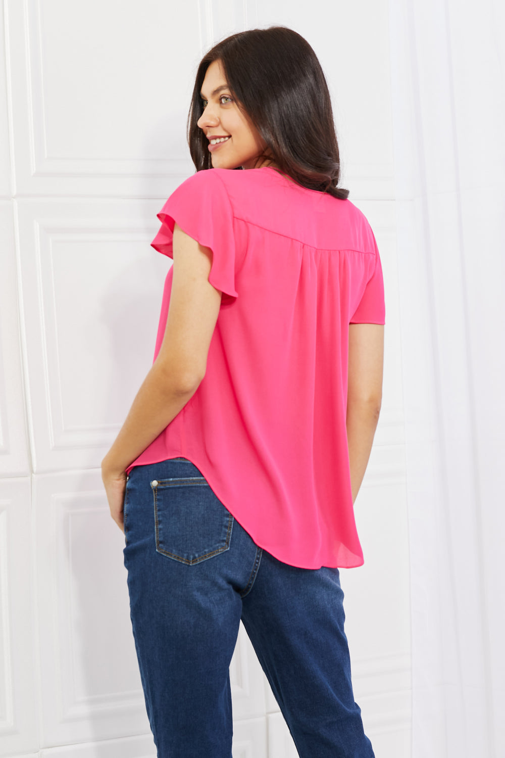 Just For You Short Ruffled sleeve length Top in Hot Pink