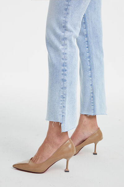 High Waist Raw Hem Washed Straight Jeans