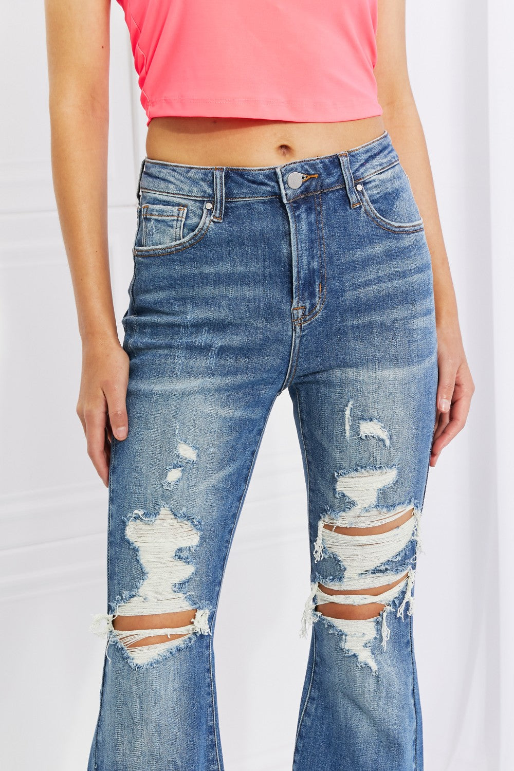 RISEN Hazel High Rise Distressed Flare Jeans