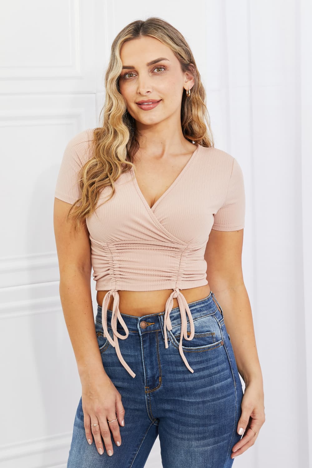 Capella Ribbed Front Scrunched Top in Blush