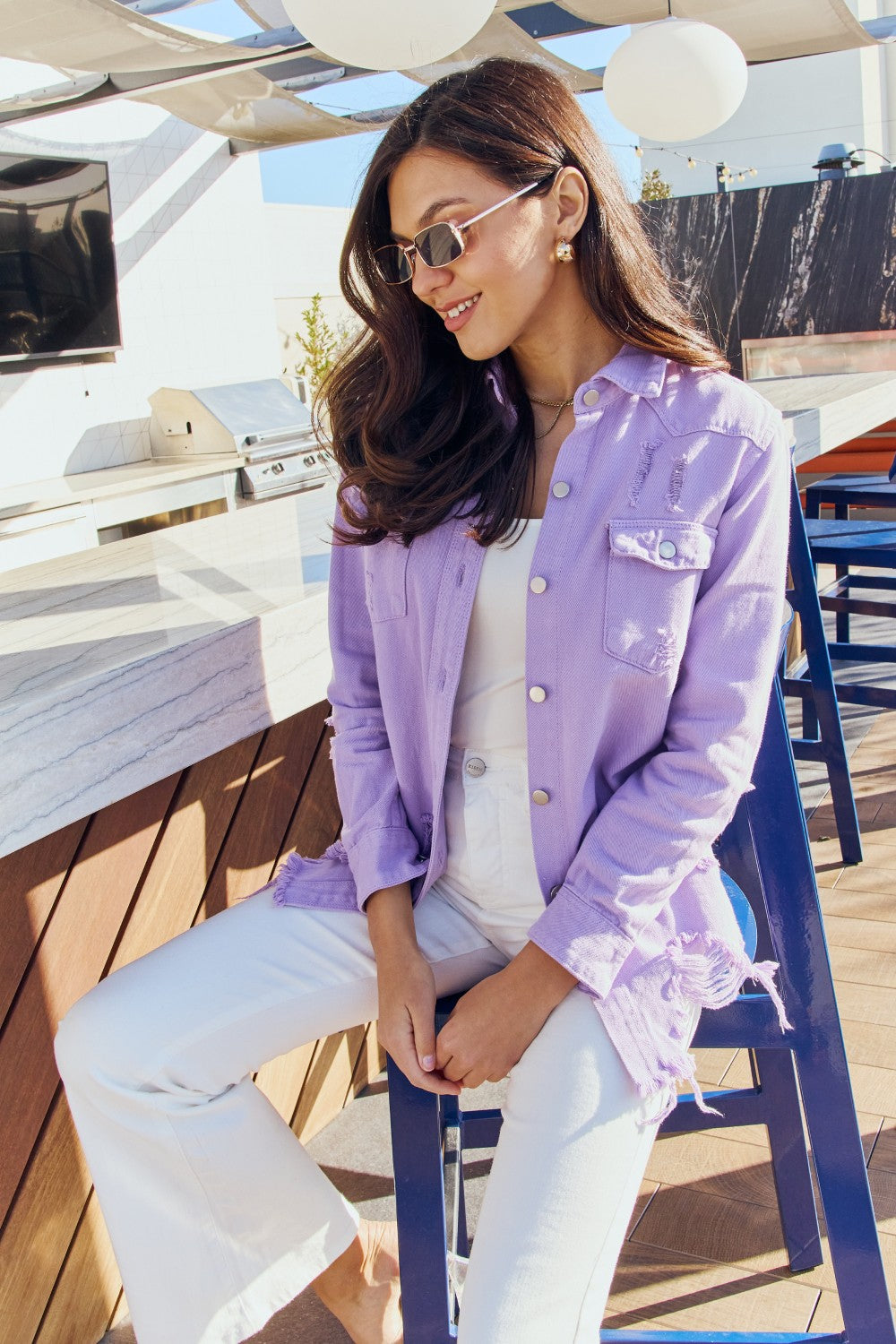 American Bazi Distressed Button Down Denim Jacket in Lavender