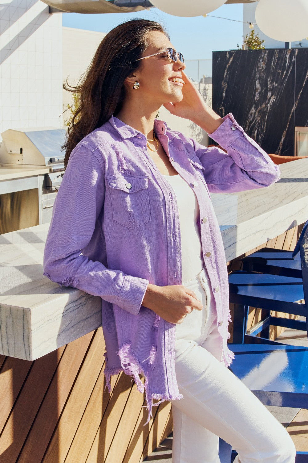 American Bazi Distressed Button Down Denim Jacket in Lavender