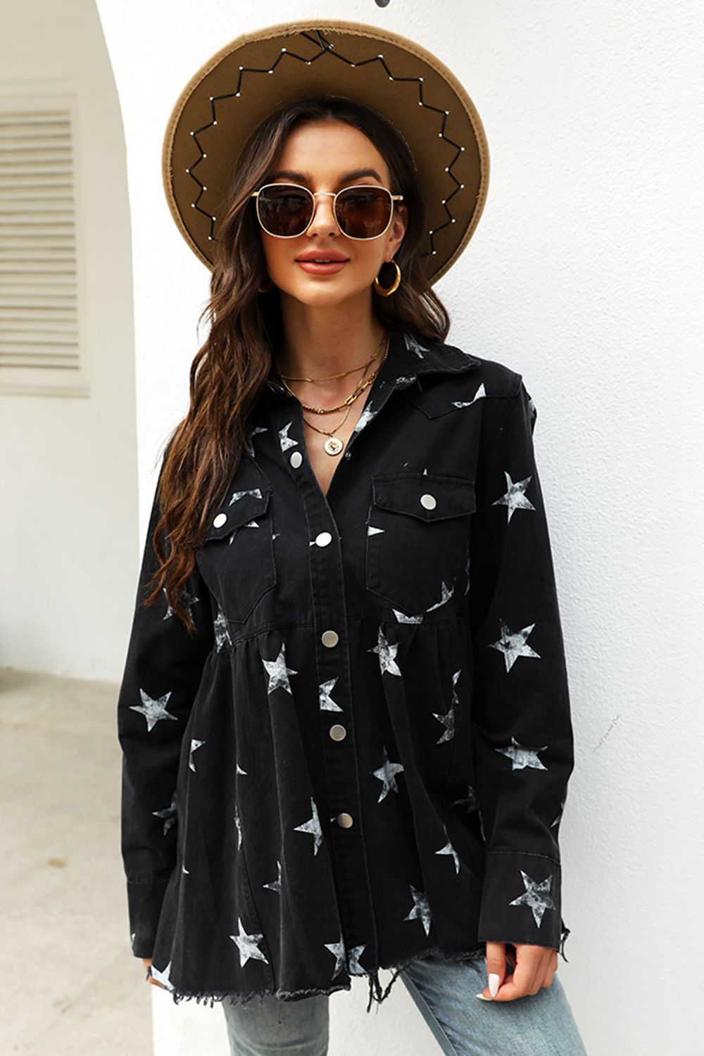 Star Print Long Sleeve Denim Jacket