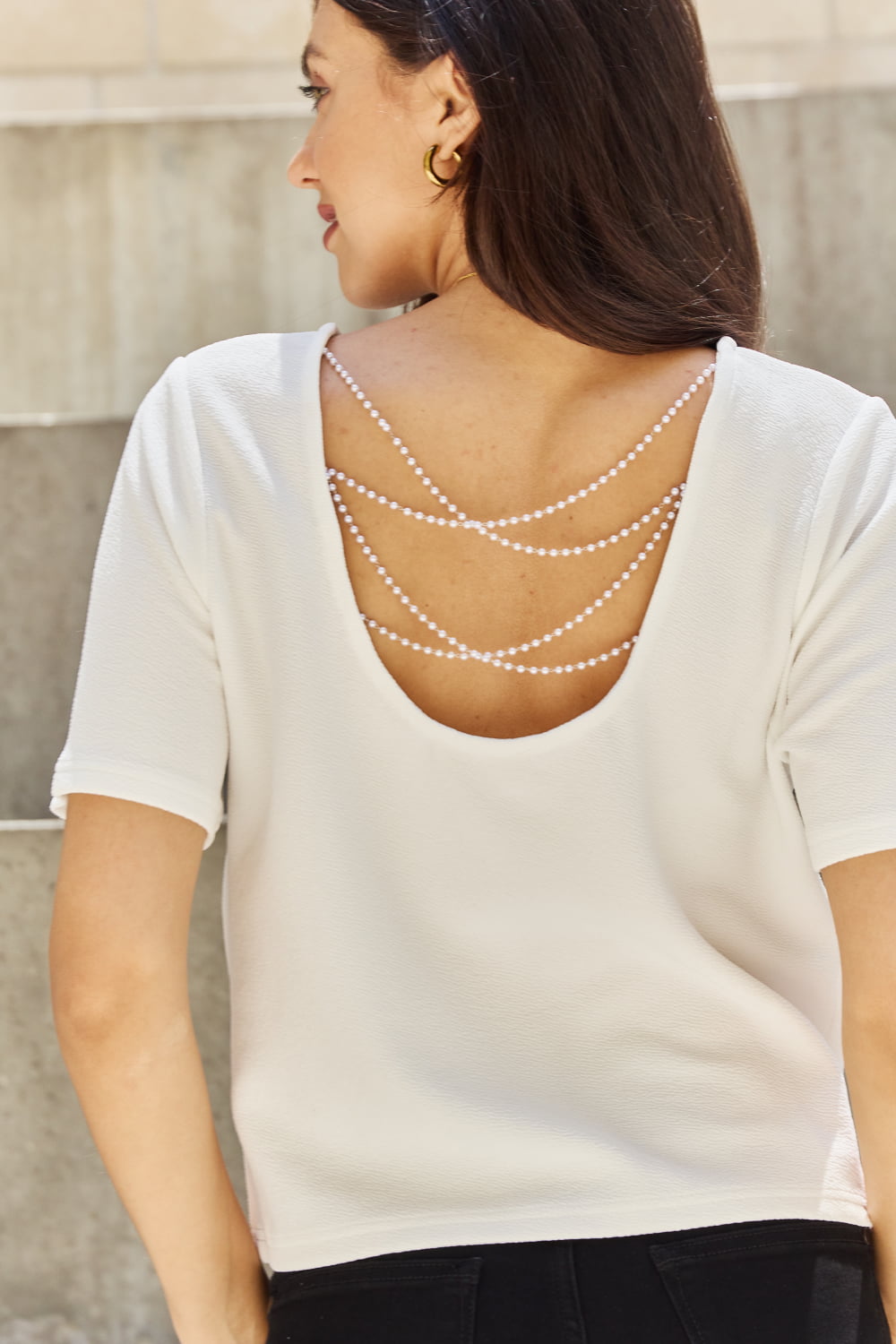 Criss Cross Pearl Detail Open Back T-Shirt