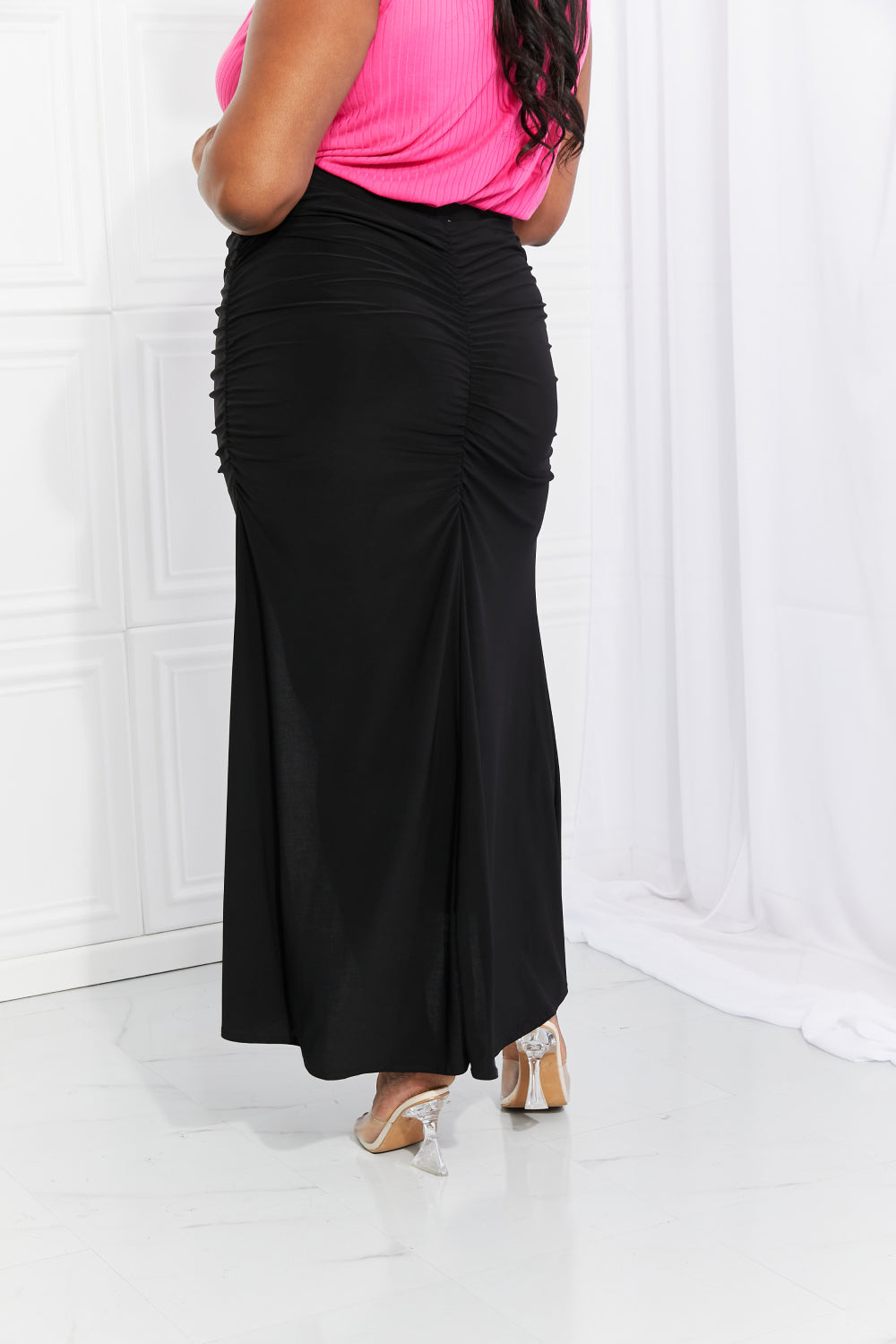 White Birch Ruched Slit Maxi Skirt in Black