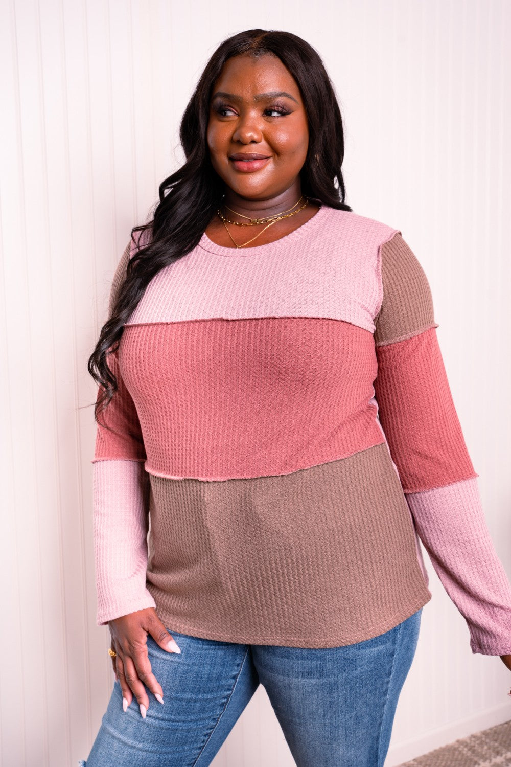 Color Block Exposed Seam Waffle-Knit Top