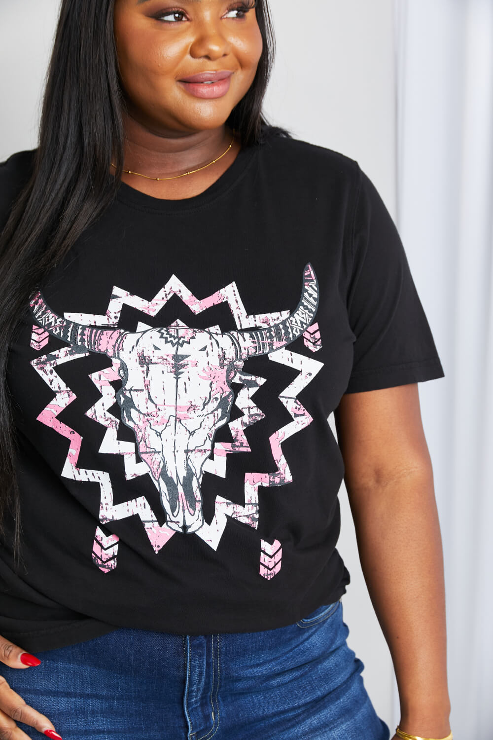 Pink/Black Graphic Round Neck Tee Shirt