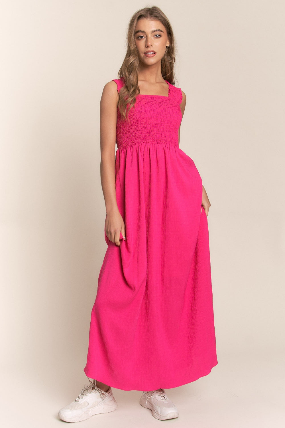 Crisscross Back Tie Smocked Maxi Dress