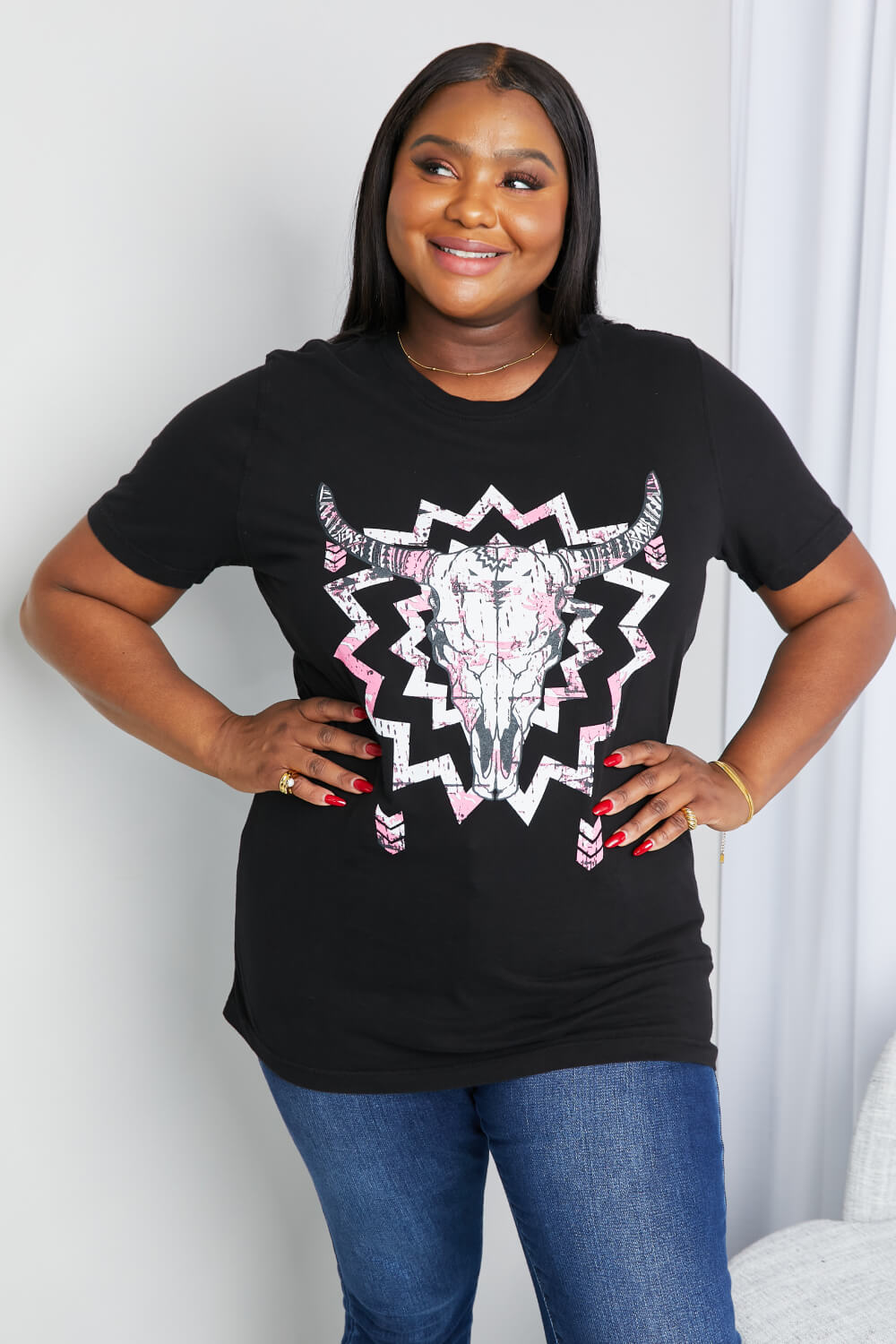 Pink/Black Graphic Round Neck Tee Shirt