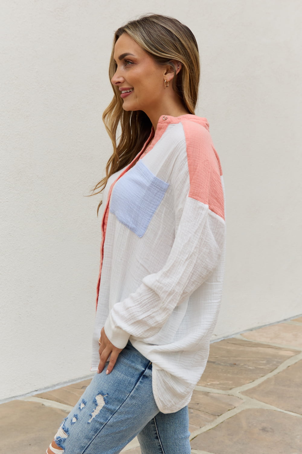 White Birch Color Block Woven Button Down Top