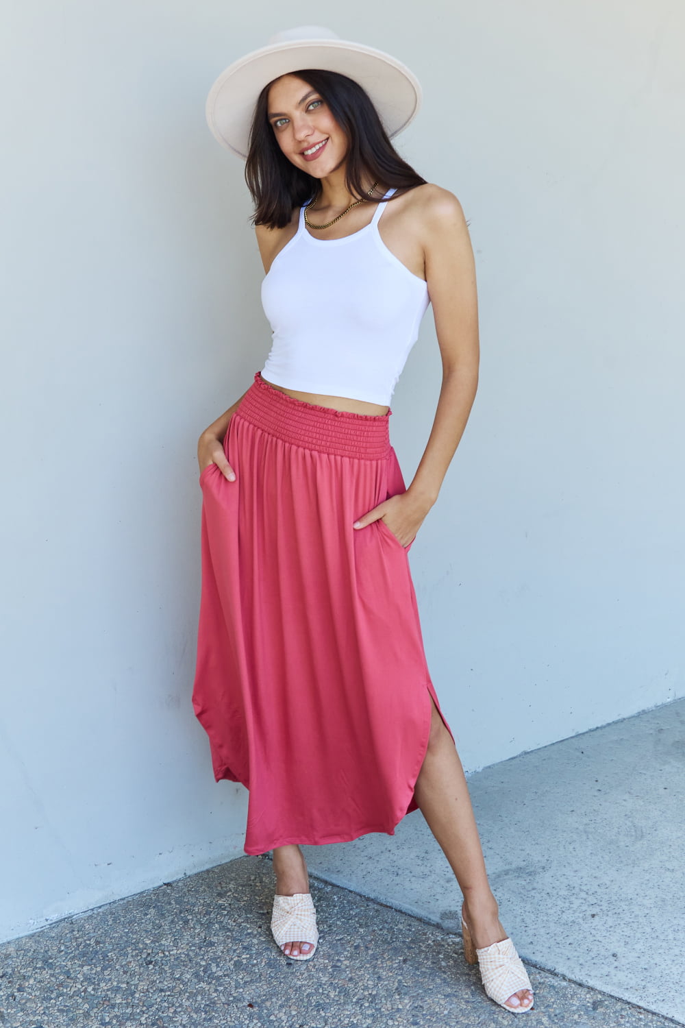 Princess Waist Scoop Hem Maxi Skirt in Hot Pink