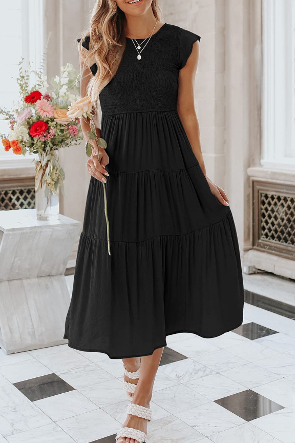 Chic Round Neck Short Sleeve Tiered Midi Dress