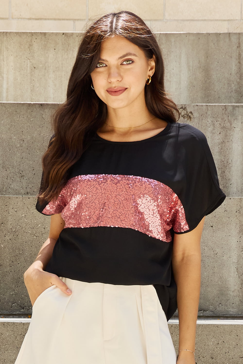 Shine Bright Center Mesh Sequin Top in Black/Mauve