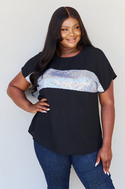 Bright Full Size Center Mesh Sequin Top in Black