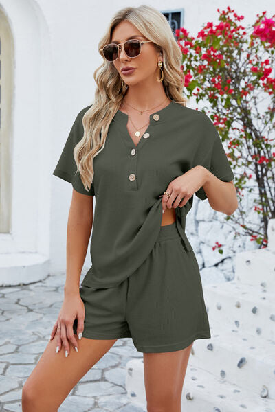 Notched Button Detail Dropped Shoulder Top and Shorts Set