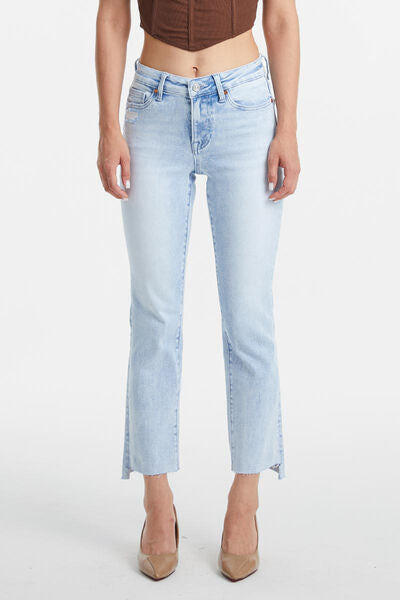 High Waist Raw Hem Washed Straight Jeans