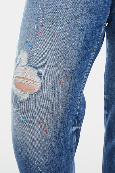 High Waist Distressed Paint Splatter Pattern Jeans