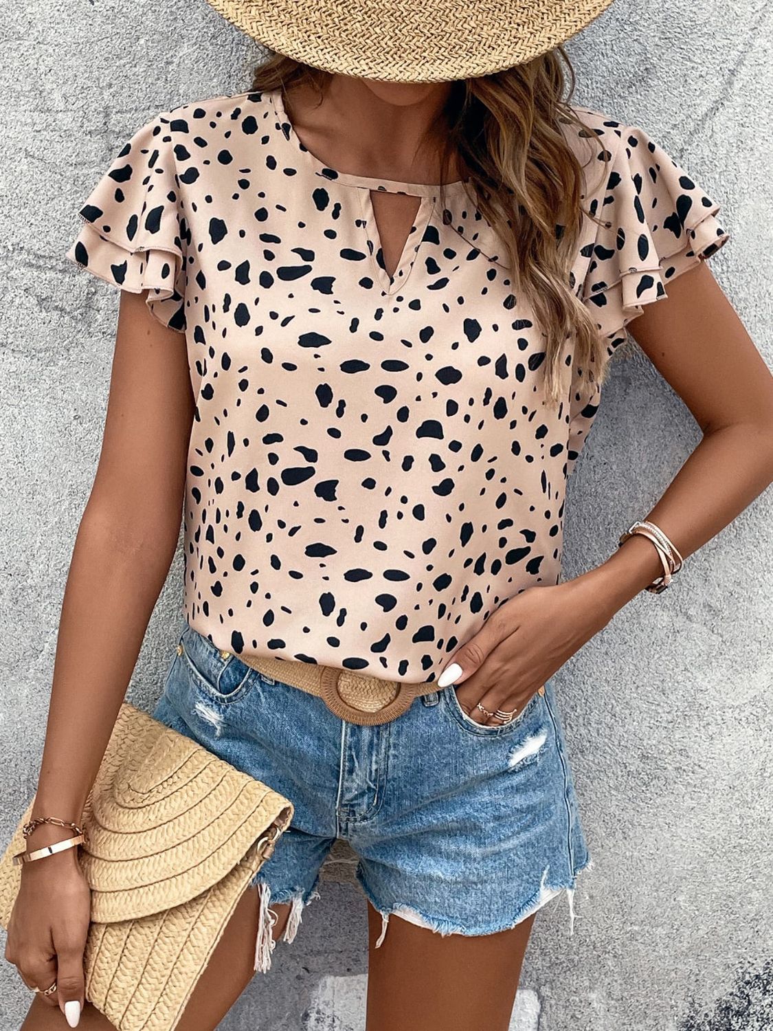 Printed Cutout Round Neck Top