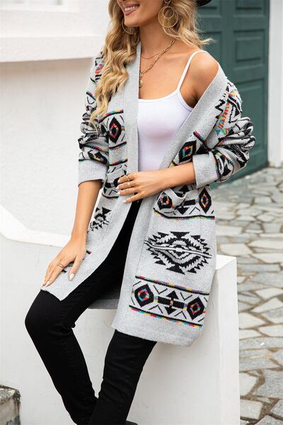 Pocketed Geometric Open Front Cardigan