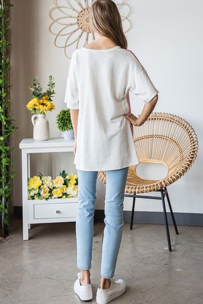 Heimish Contrast Waffle-Knit Half Sleeve Blouse