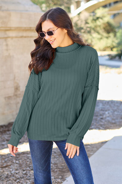 Basic Bae Ribbed Exposed Seam Mock Neck Knit Top