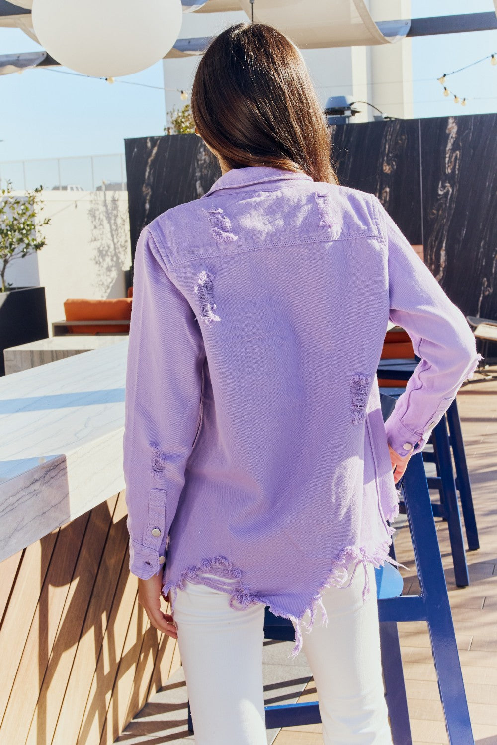 American Bazi Distressed Button Down Denim Jacket in Lavender