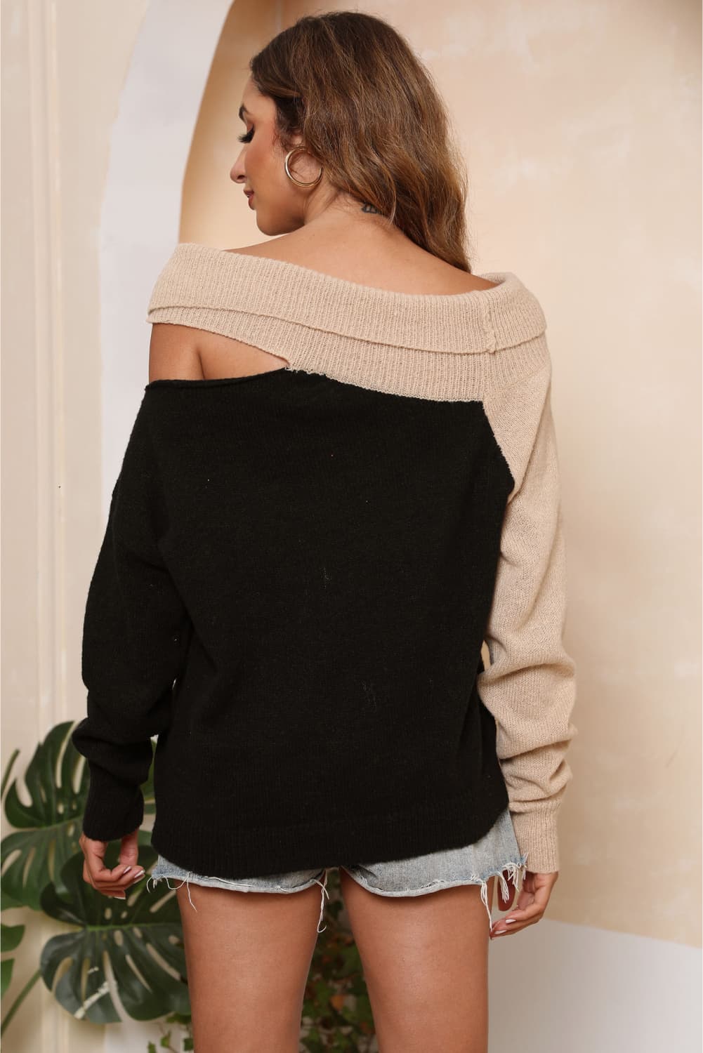 Long Sleeve Two-Tone Cutout Sweater