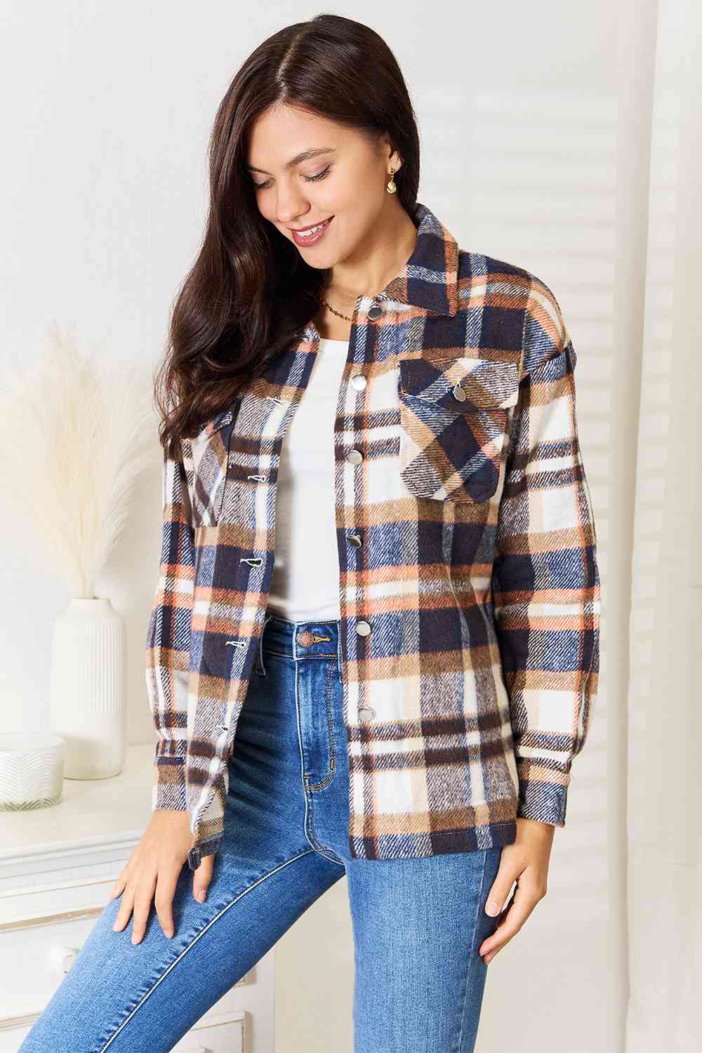 Double Take Plaid Button Front Shirt Jacket