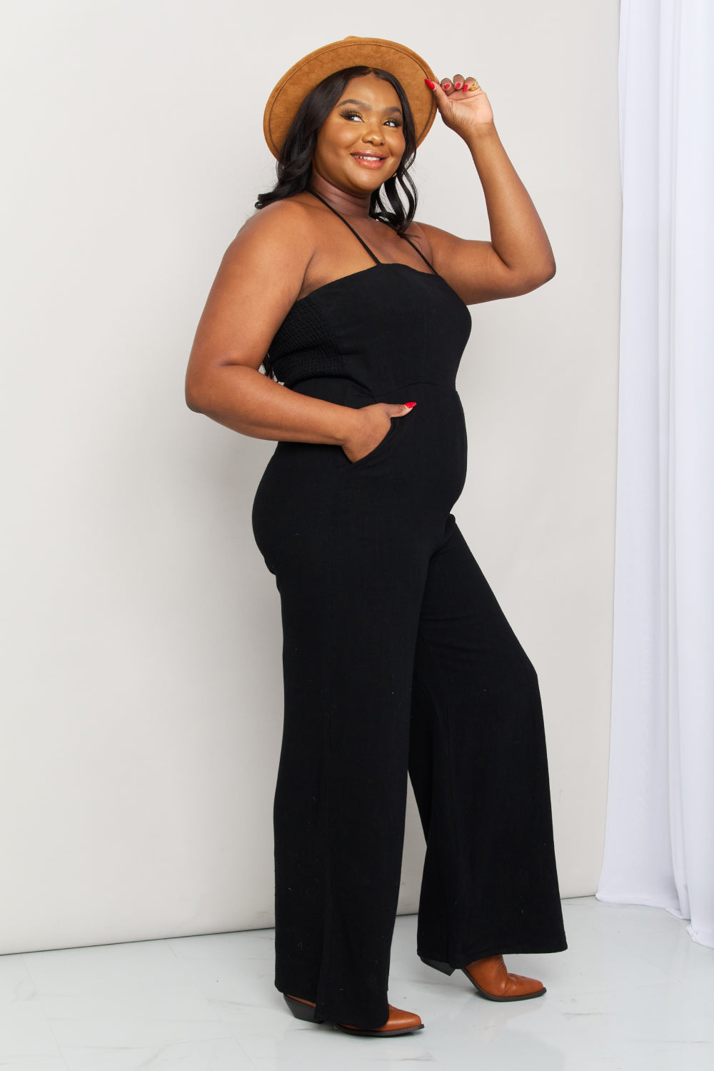 White Birch Halter Neck Wide Leg Jumpsuit with Pockets