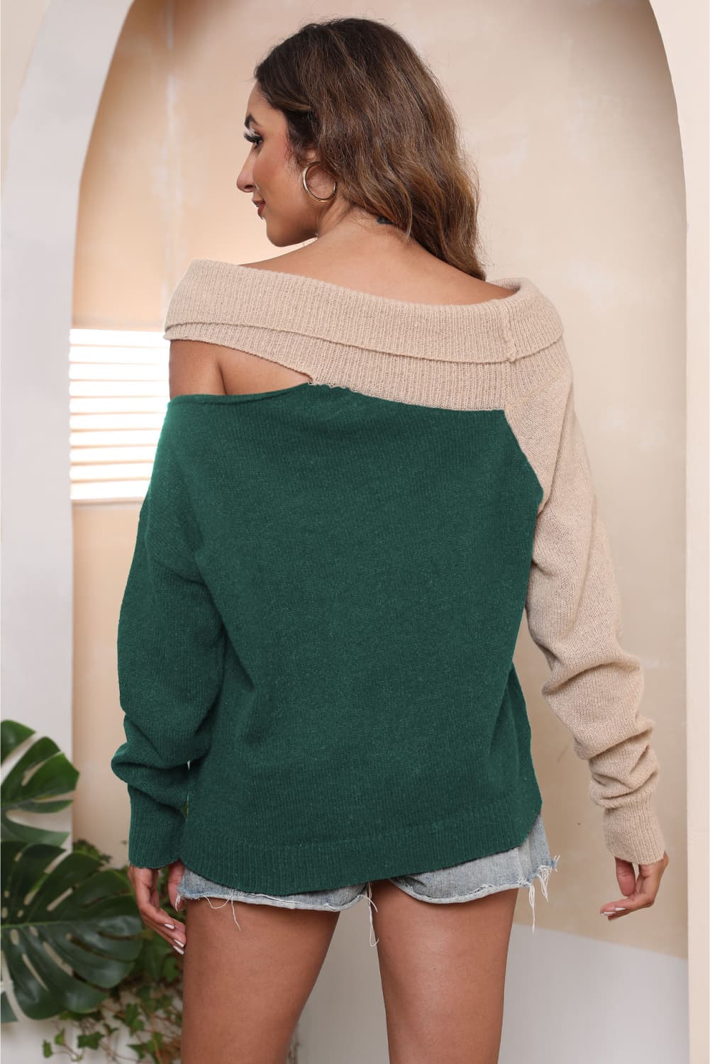 Long Sleeve Two-Tone Cutout Sweater