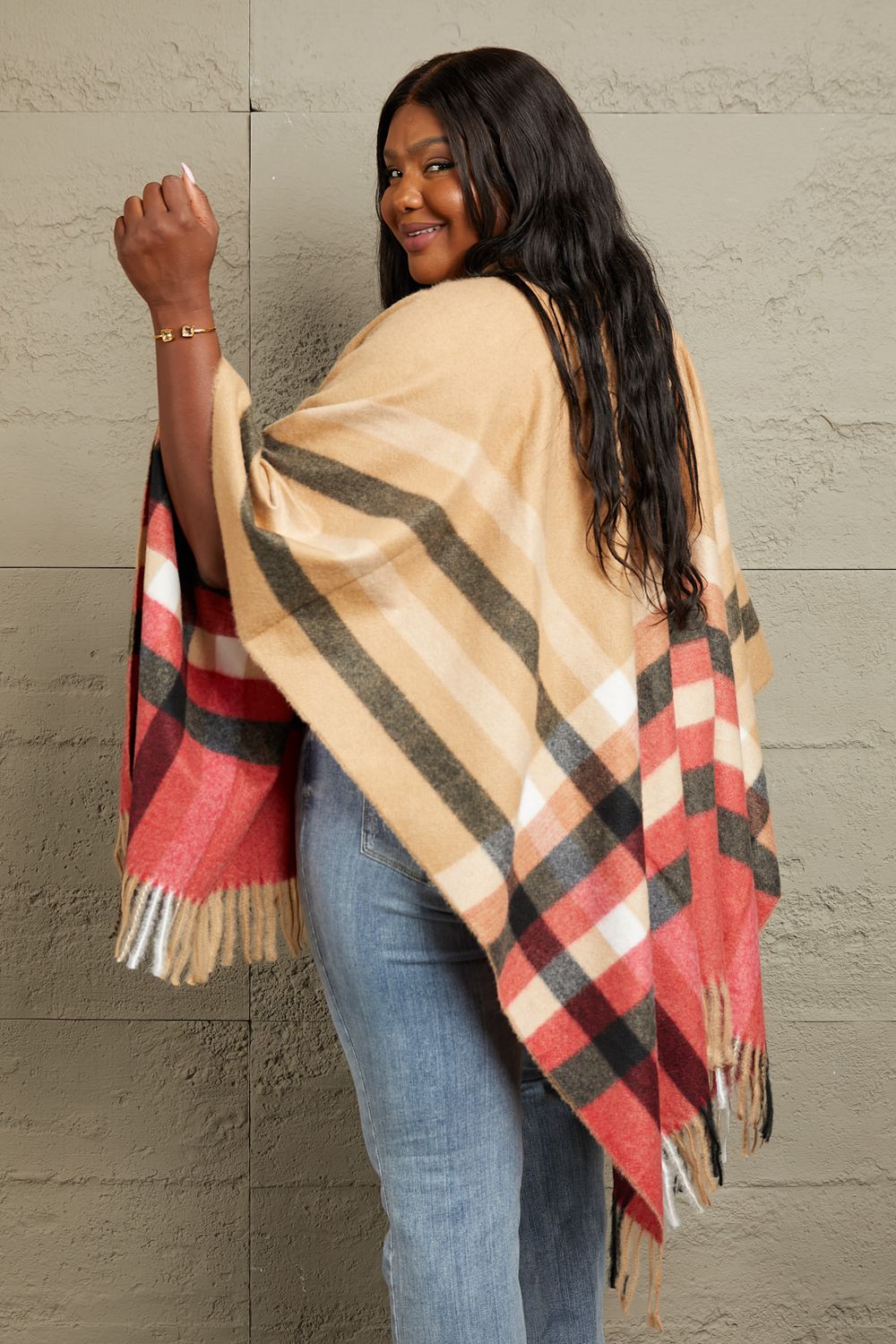 Plaid Shawl Poncho Cardigan