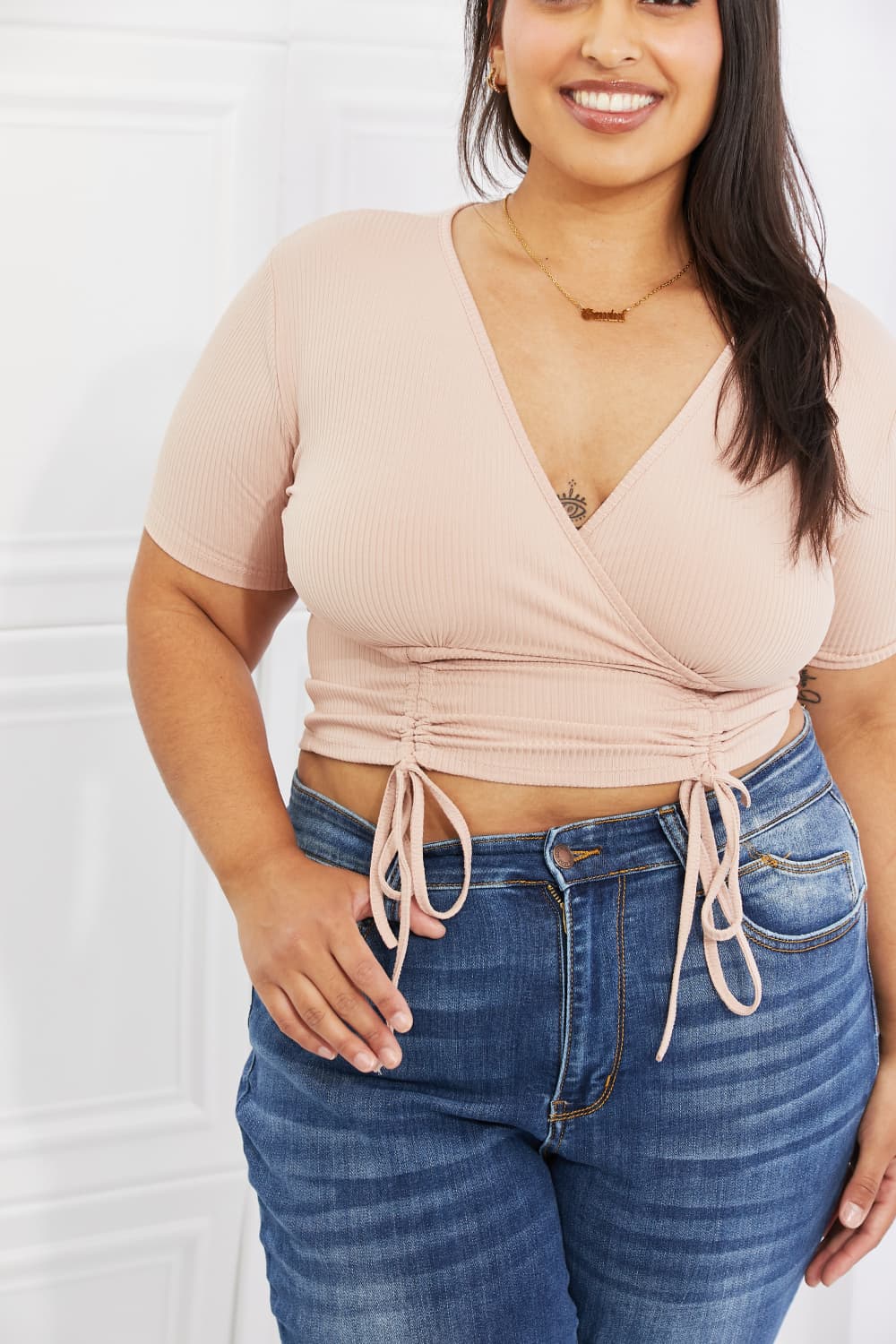 Capella Ribbed Front Scrunched Top in Blush