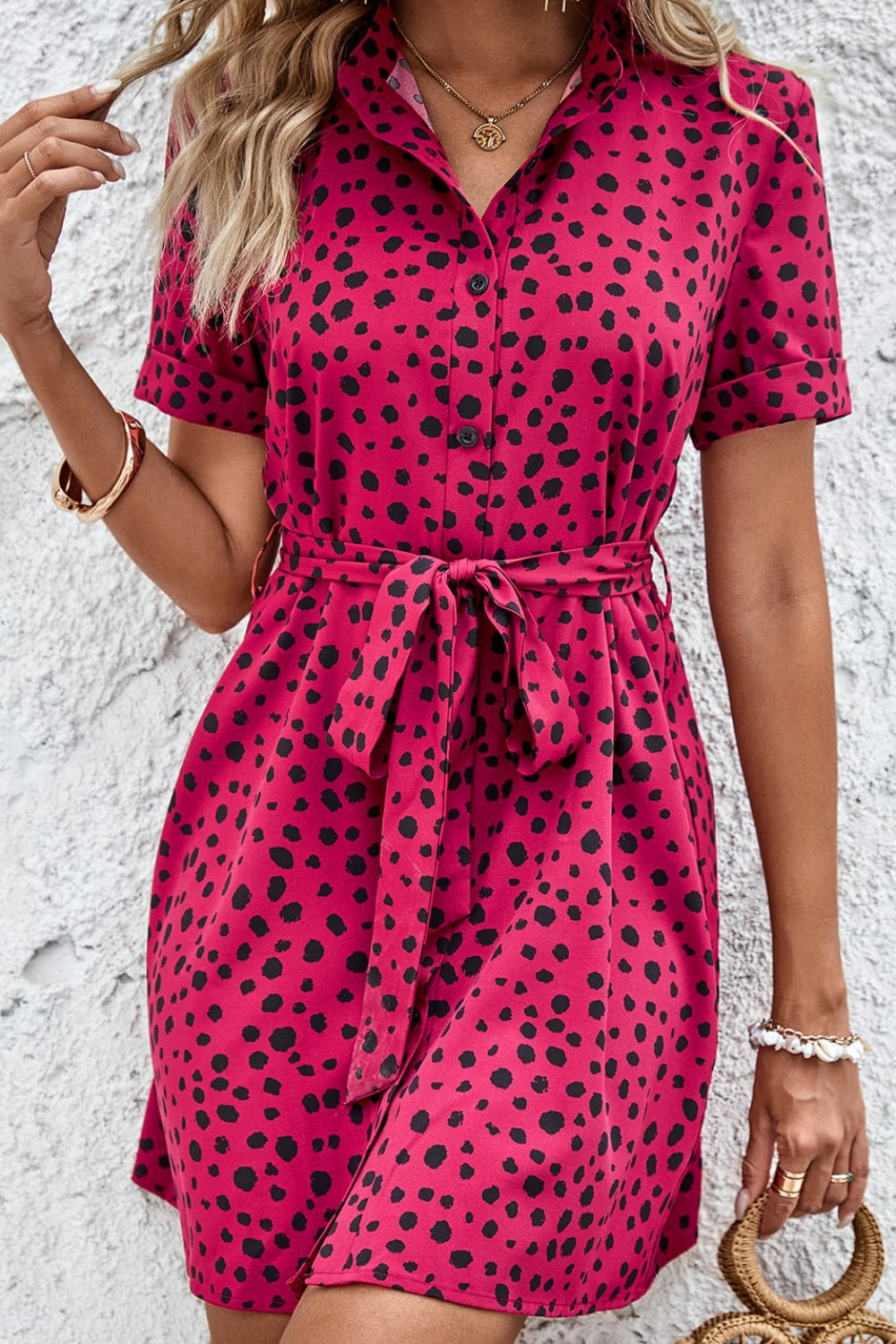 Dotted Short Sleeve Tie Belt Dress