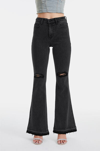 High Waist Distressed Raw Hem Flare Jeans