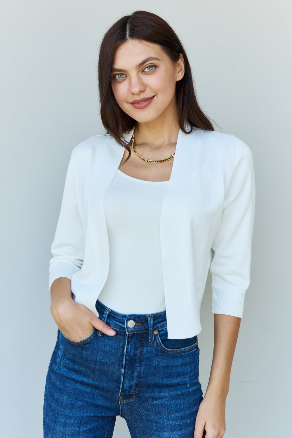 Doublju My Favorite 3/4 Sleeve Cropped Cardigan in Ivory