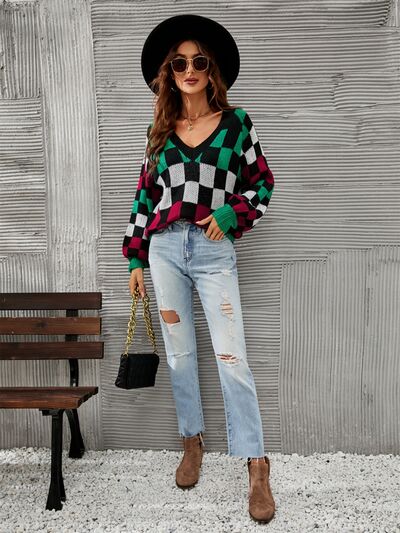 Checkered V-Neck Lantern Sleeve Sweater