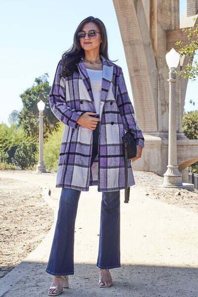 Double Take Plaid Button Up Lapel Collar Coat