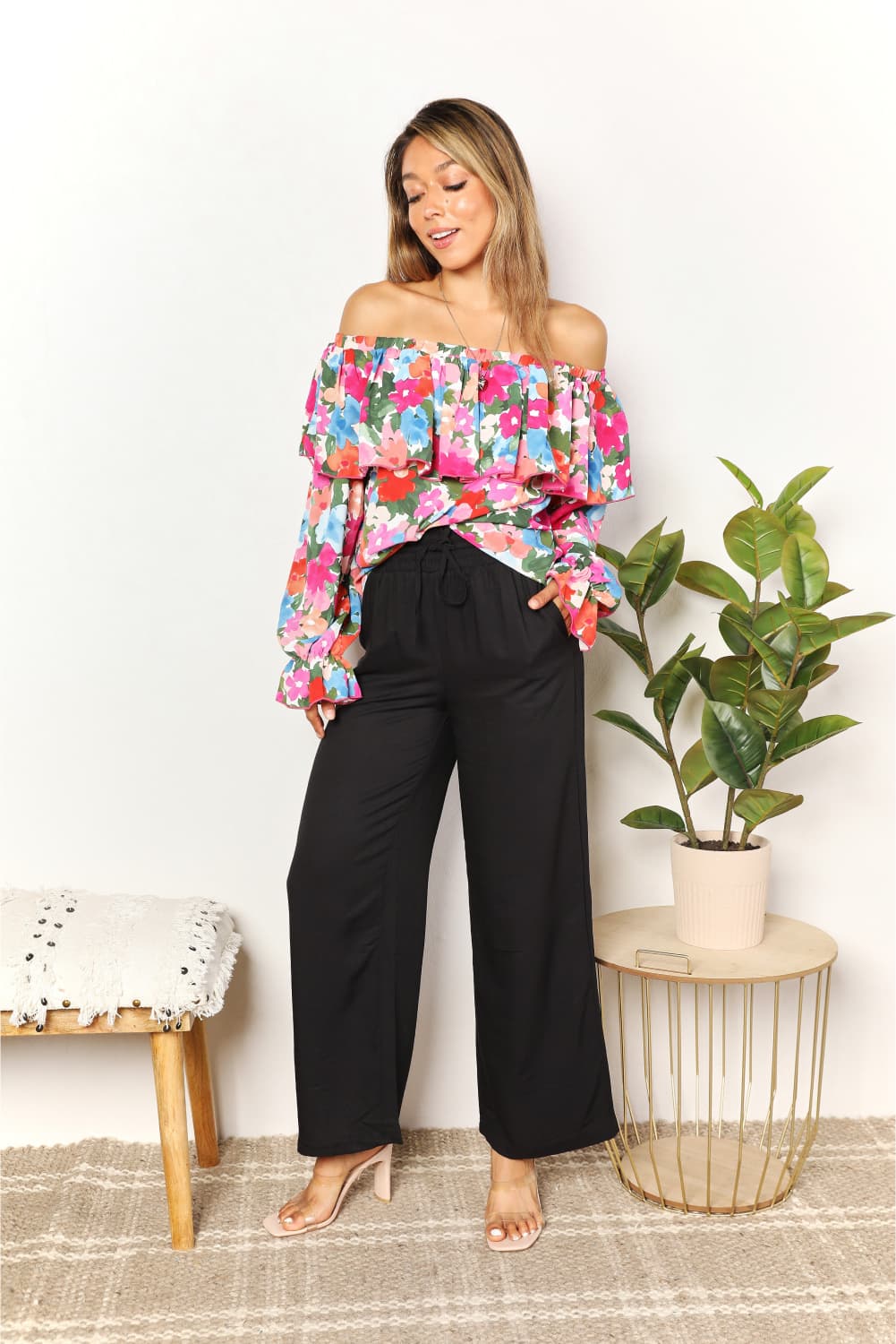 Floral Off-Shoulder Flounce Sleeve Layered Blouse