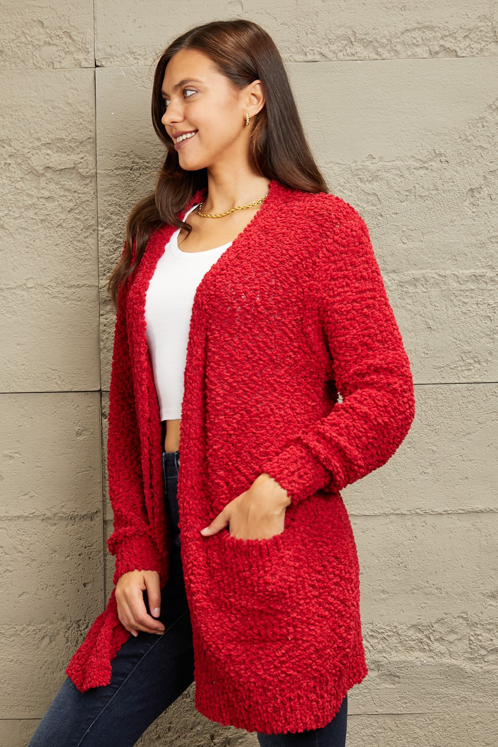 Zenana Open Front Popcorn Cardigan