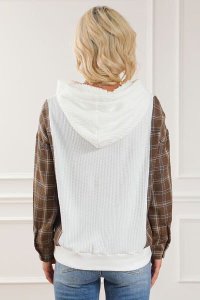 Plaid Waffle-Knit Drawstring Kangaroo Pocket Hoodie