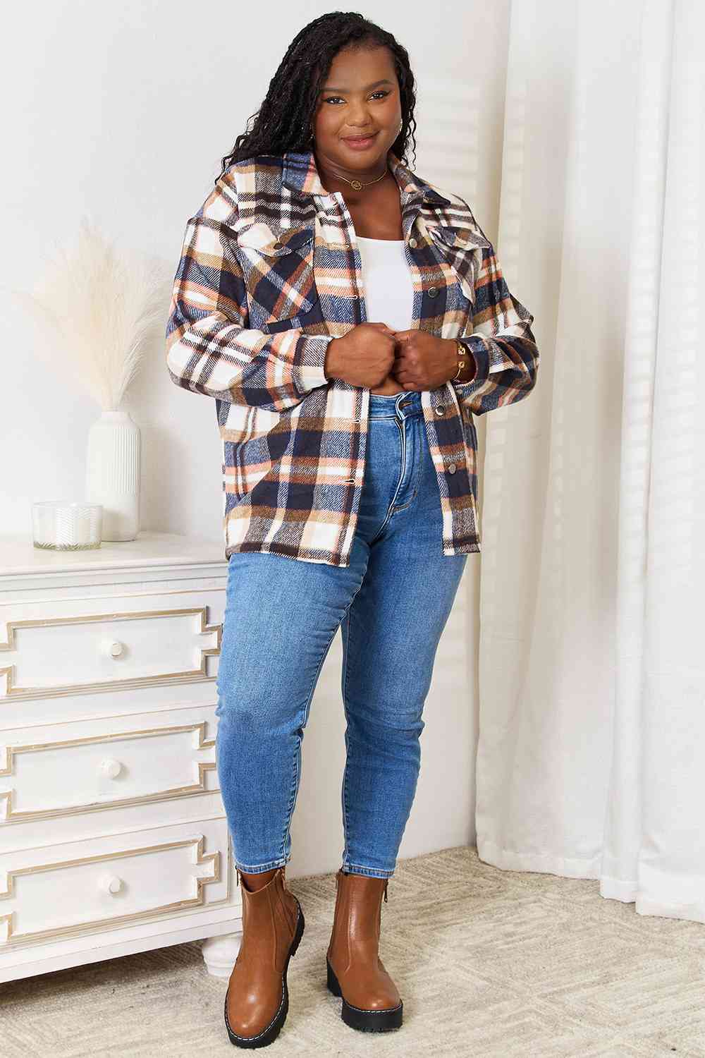 Double Take Plaid Button Front Shirt Jacket