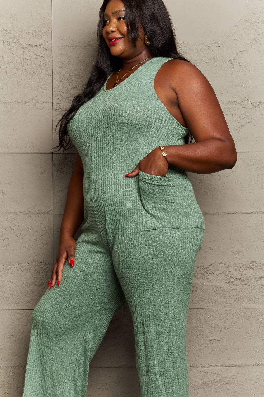 Don't Get It Twisted Rib Knit Jumpsuit-Sage