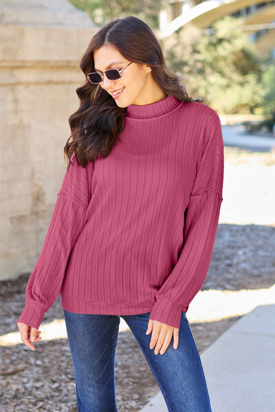 Basic Bae Ribbed Exposed Seam Mock Neck Knit Top