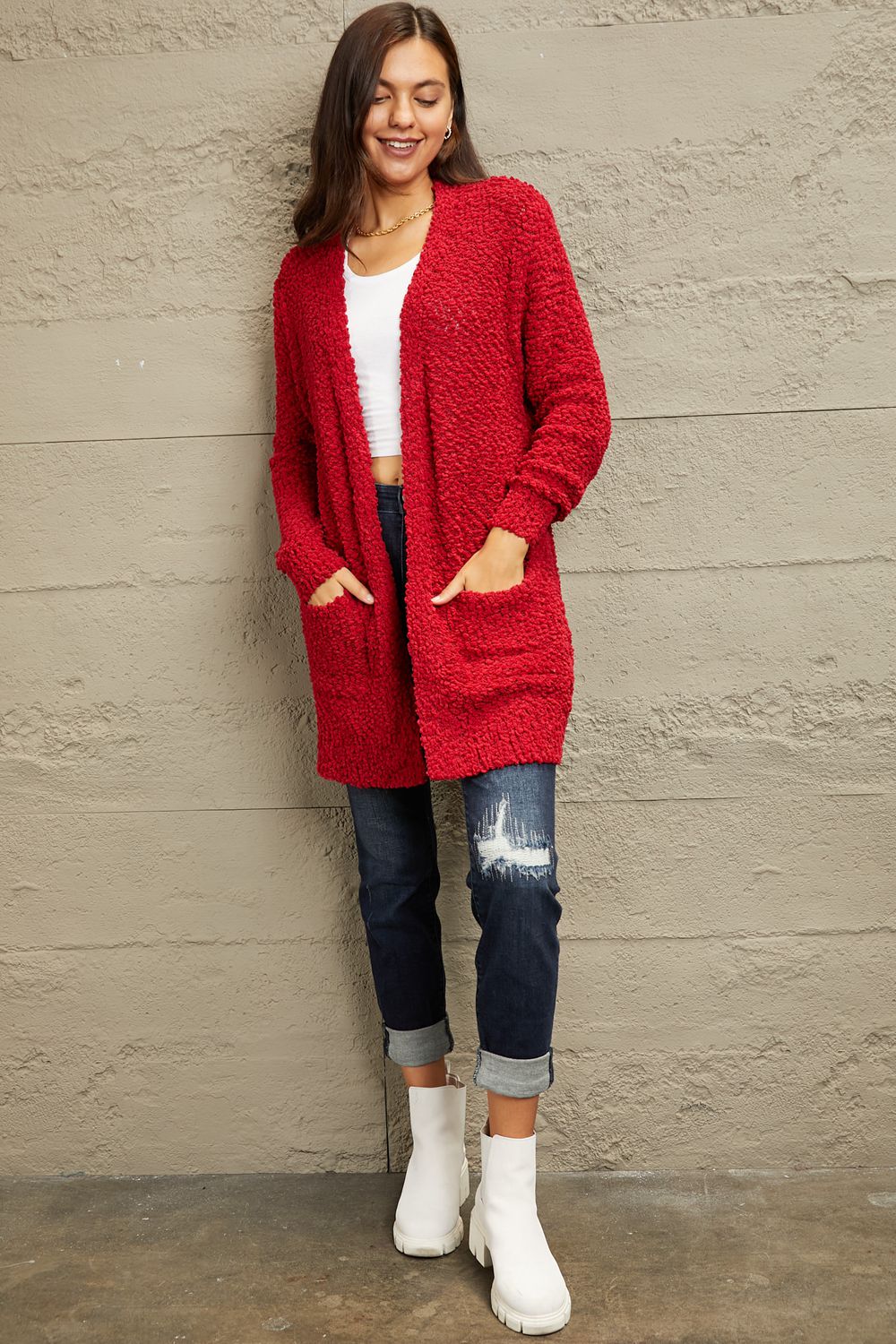 Zenana Open Front Popcorn Cardigan