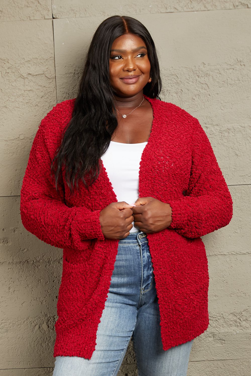 Zenana Open Front Popcorn Cardigan