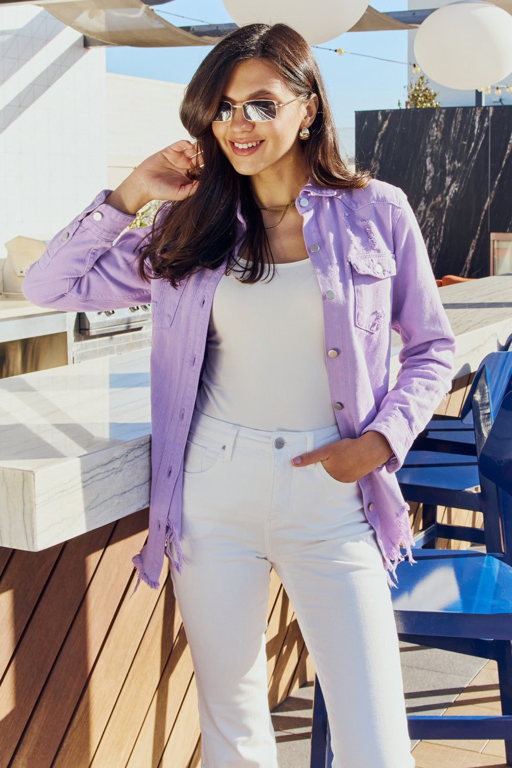 American Bazi Distressed Button Down Denim Jacket in Lavender